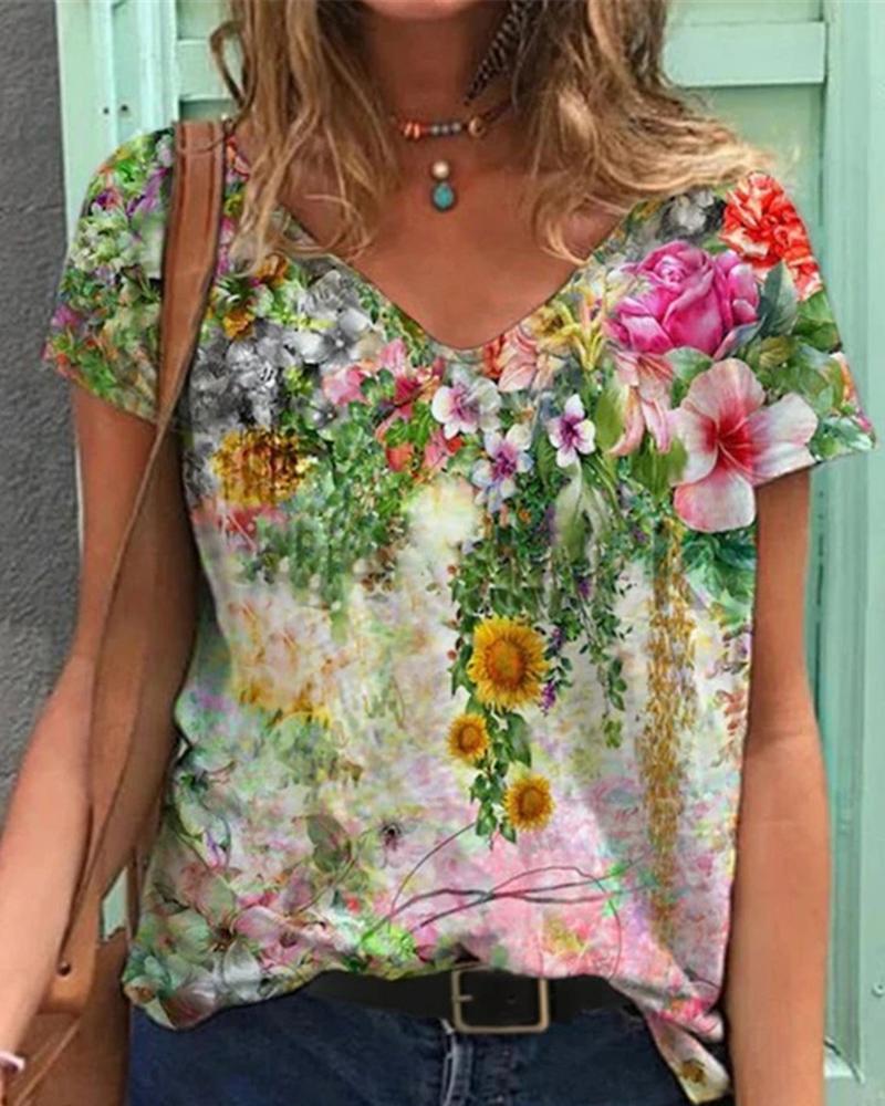 

Floral Print Short Sleeve V Neck Casual T-Shirt, Style2