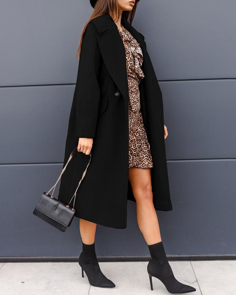 

Long Sleeve Pocket Decor Double Breasted Coat, Black