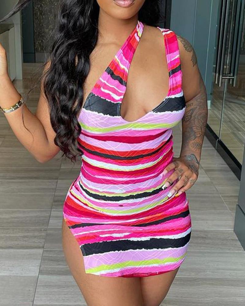 

Striped Print Colorblock Sleeveless Slit Bodycon Dress, Multicolor
