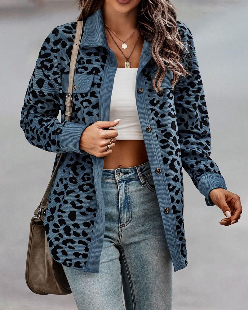 

Leopard Print Long Sleeve Button Down Shacket, Blue