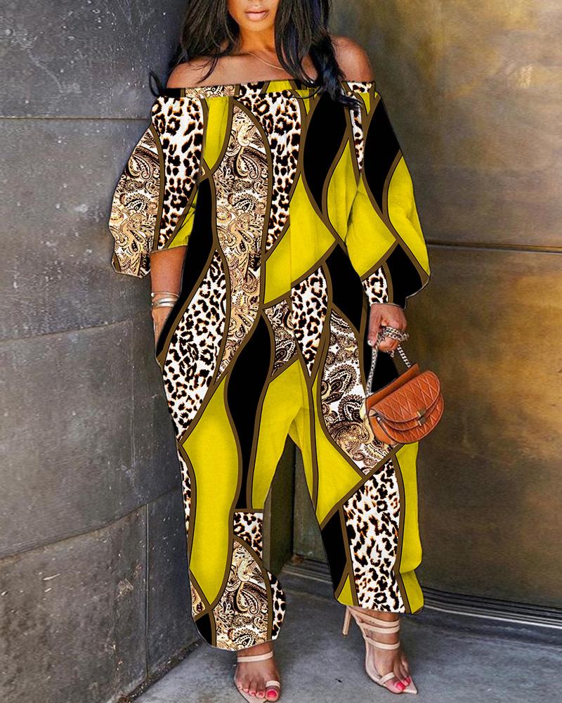 

Plus Size Baroque Leopard Print Off Shoulder Jumpsuit, Yellow