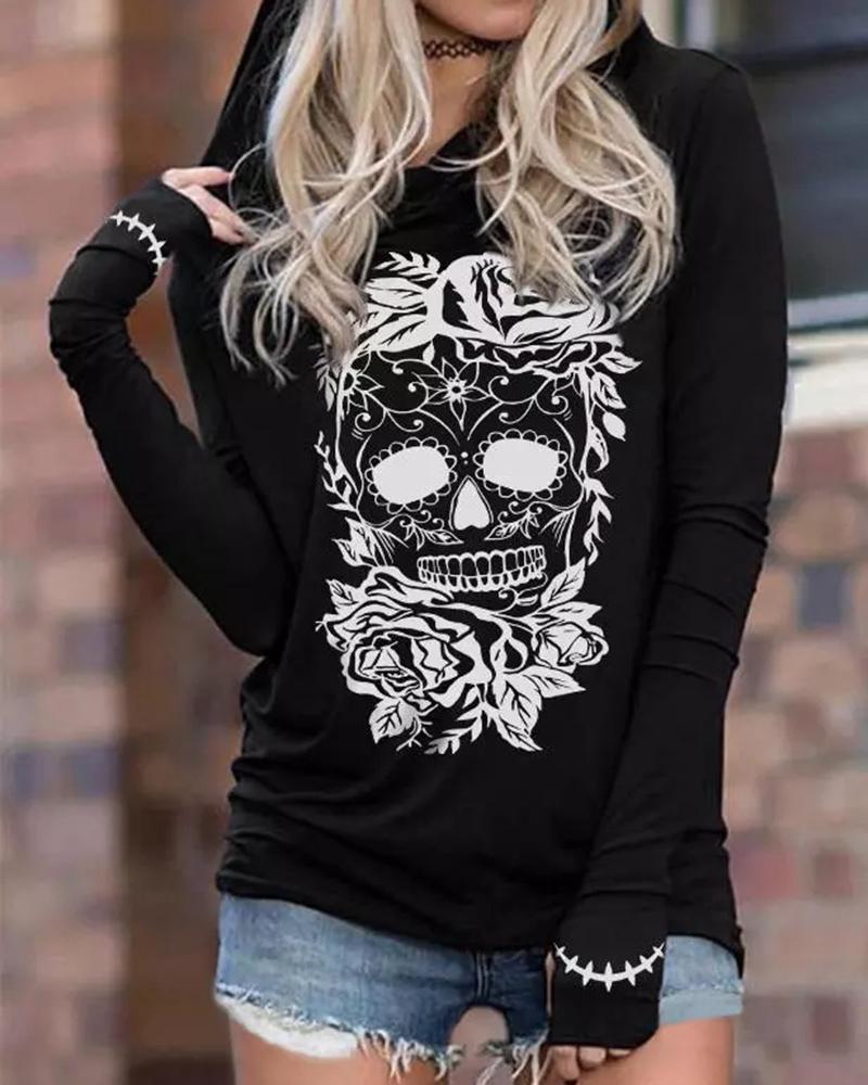 

Halloween Floral Skull Print Hooded Sweatshirt, Black