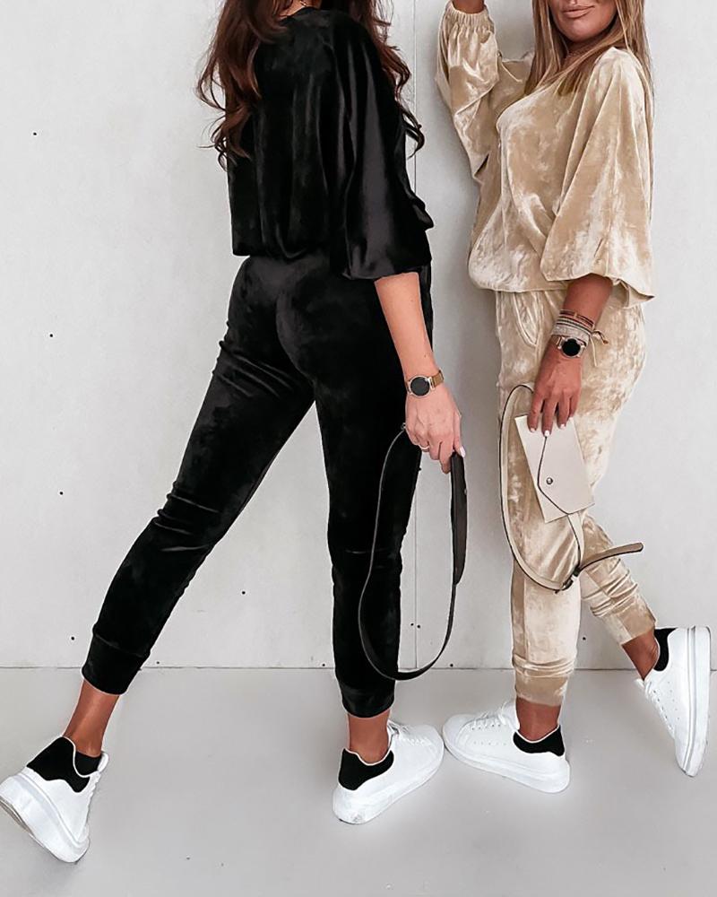 

Velvet Lantern Sleeve Top & Pocket Design Pants Set, Black