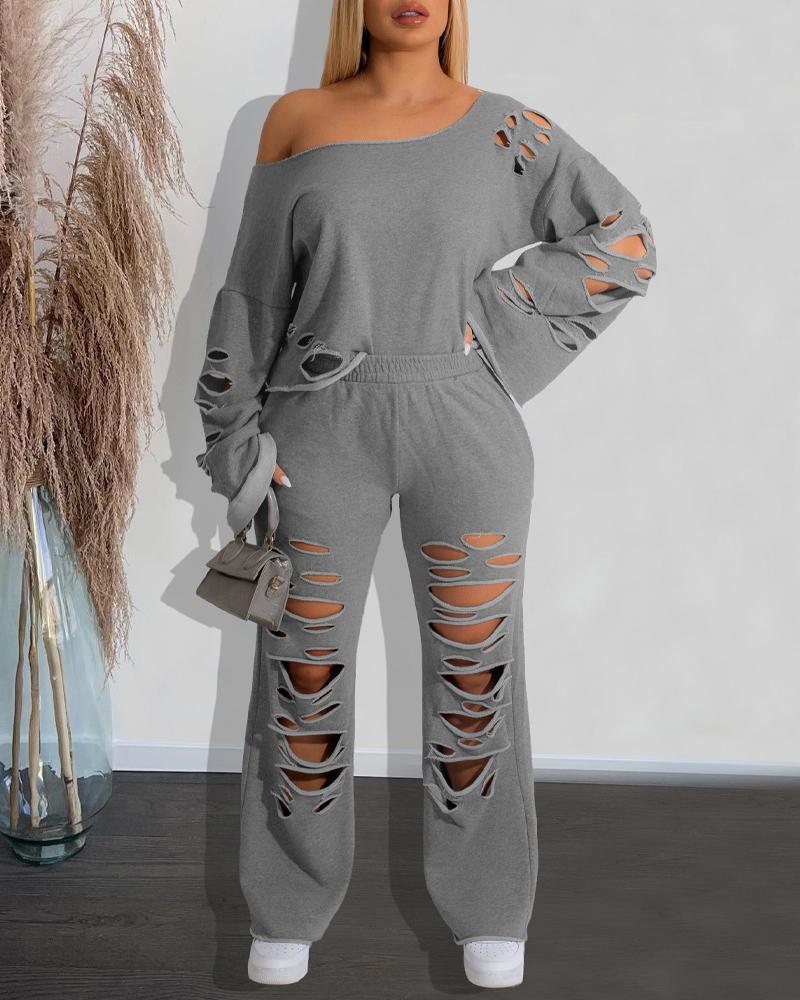 

Hollow Out Long Sleeve Top & Pants Set, Gray