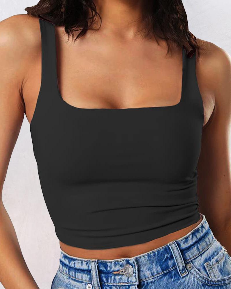 

Thin Strap Square Neck Double Layer Workout Fitness Crop Tank Top, Black