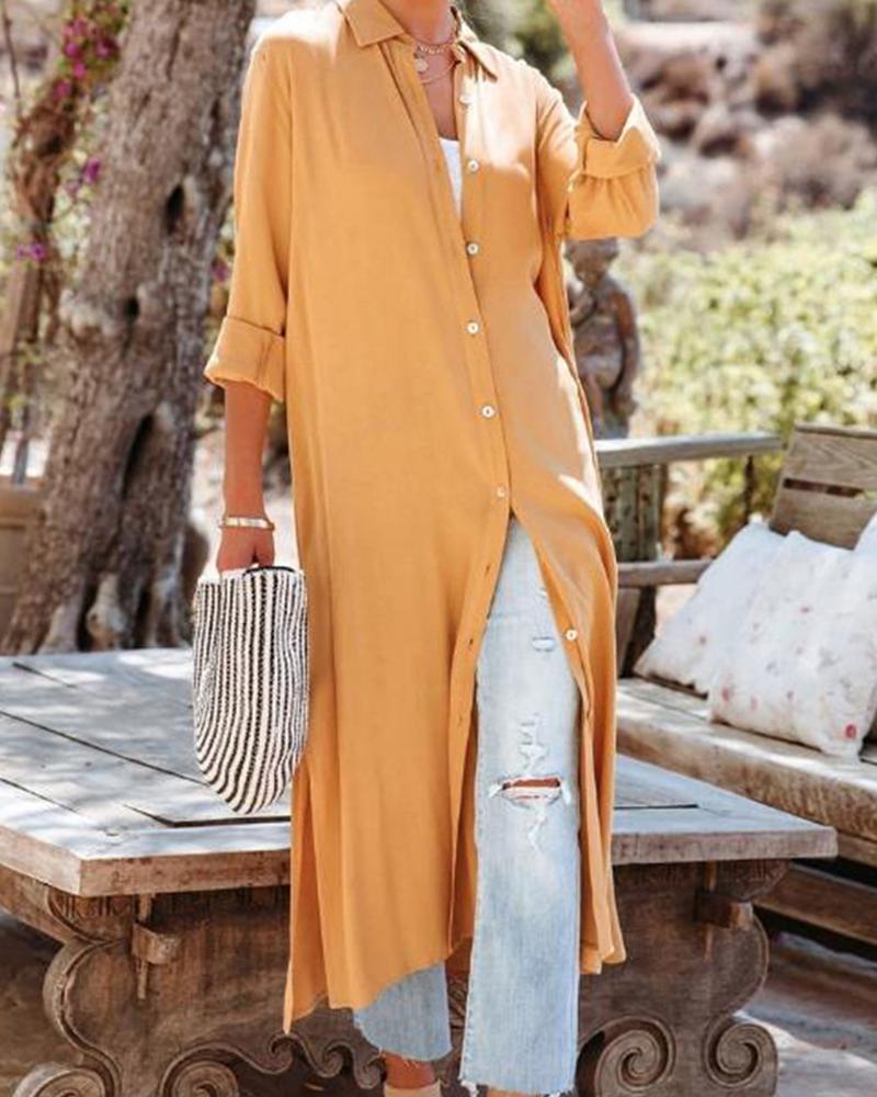 

Buttoned Long Sleeve Loose Shirt Dress, Yellow