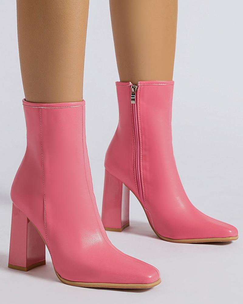 

Side Zipper Chunky Heel Ankle Boots, Pink