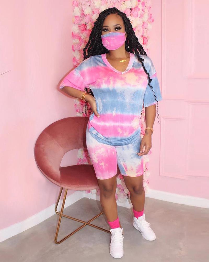 

Tie Dye Print V-neck Top & Shorts Set, Pink