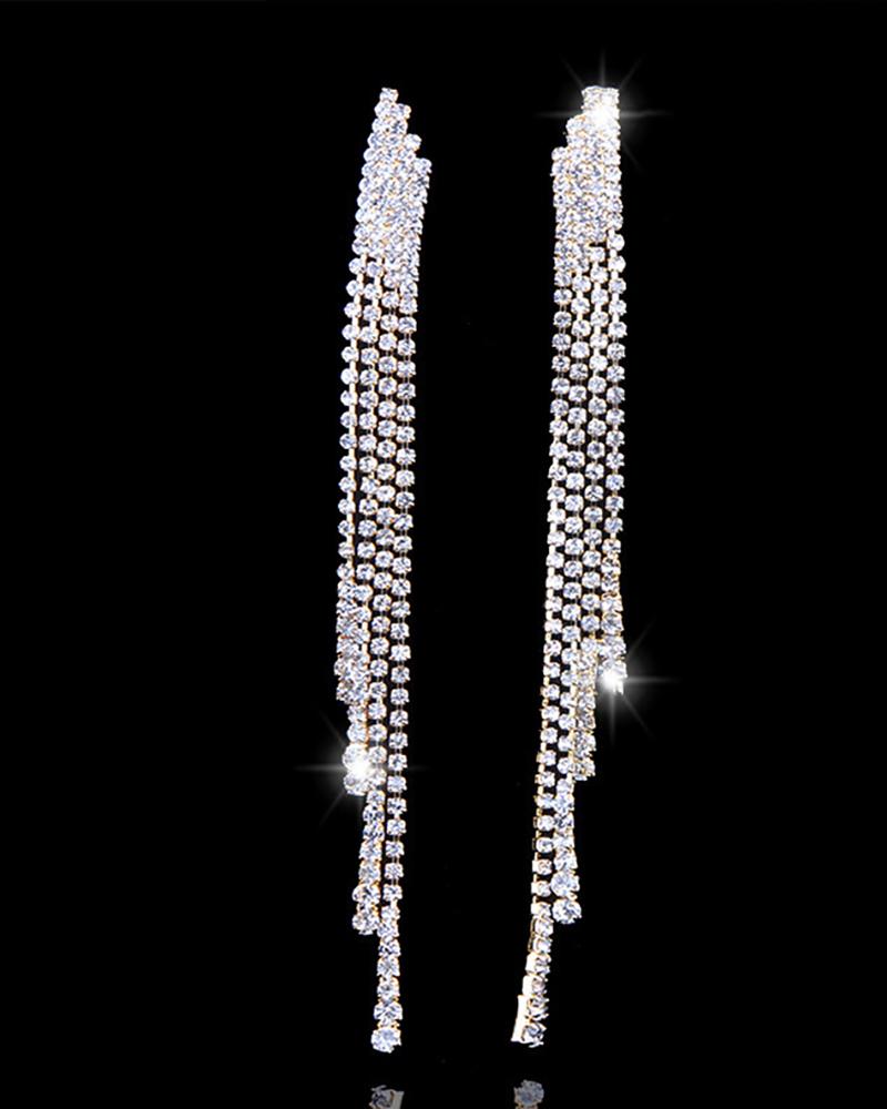 

1Pair Tassel Design Rhinestone Earrings, Silver