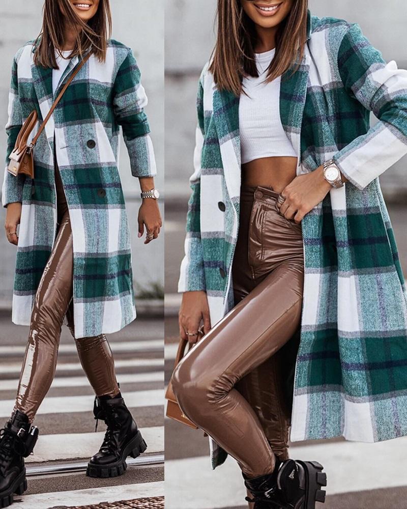 

Plaid Print Double Breasted Longline Coat, Green