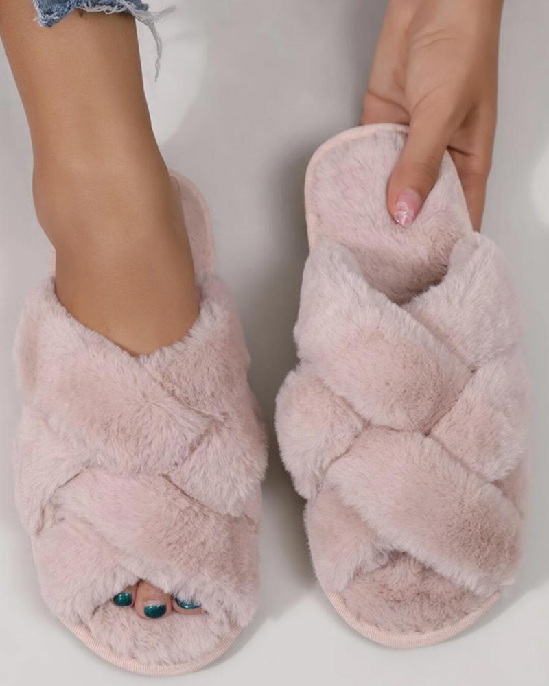 

Fuzzy Crisscross Soft Slippers, Pink