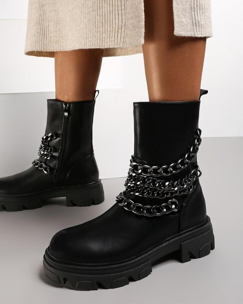 

Womens Multi Chains Decor Round Toe Chimney Boots, Black