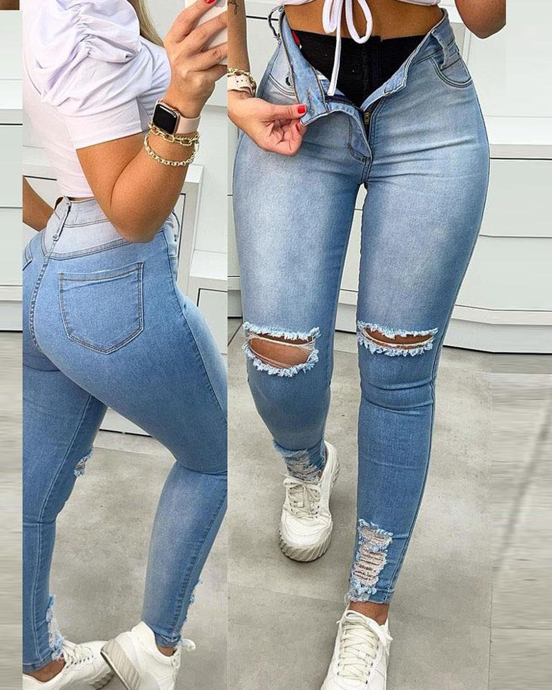 

Zipper Fly Cutout Ripped Skinny Jeans, Blue