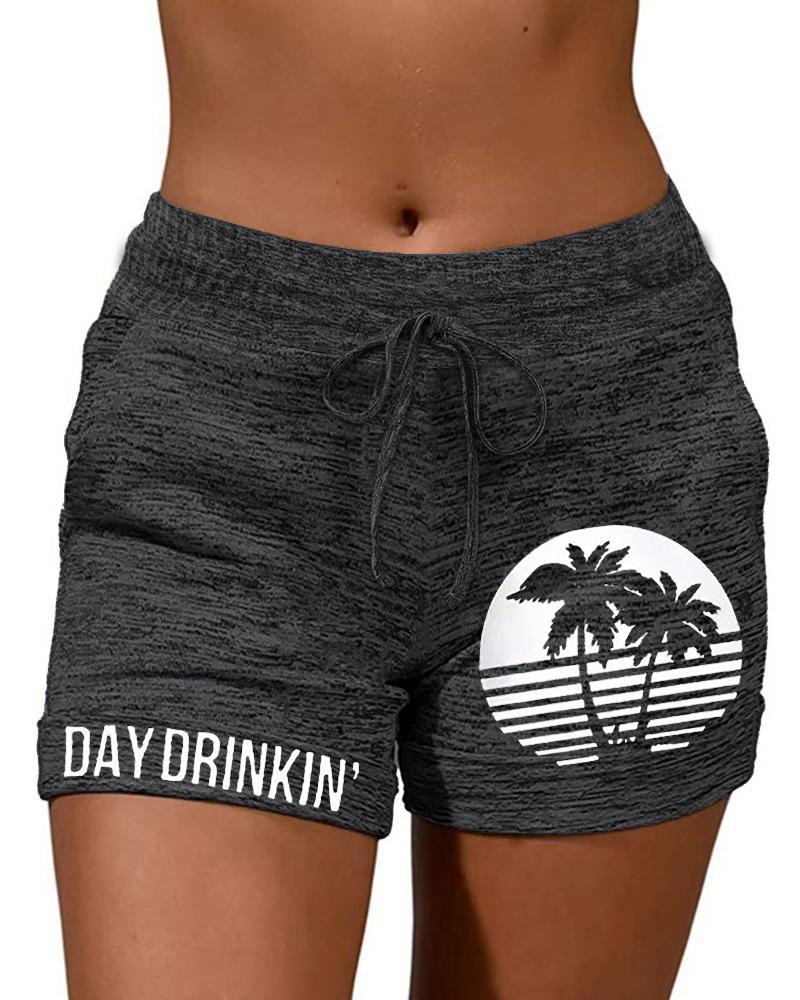 

Coconut Tree Landscape Letter Print Pocket Design Shorts, Dark grey