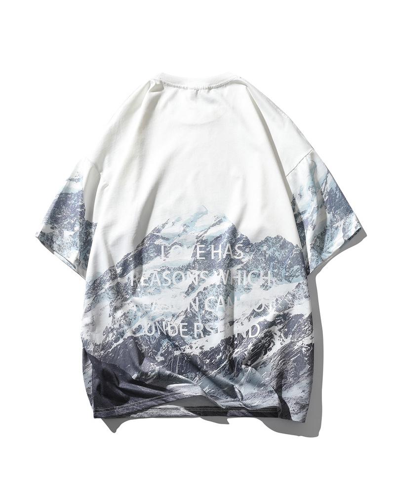 

Snow Mountain & Letter Print Short Sleeve T-shirt, White