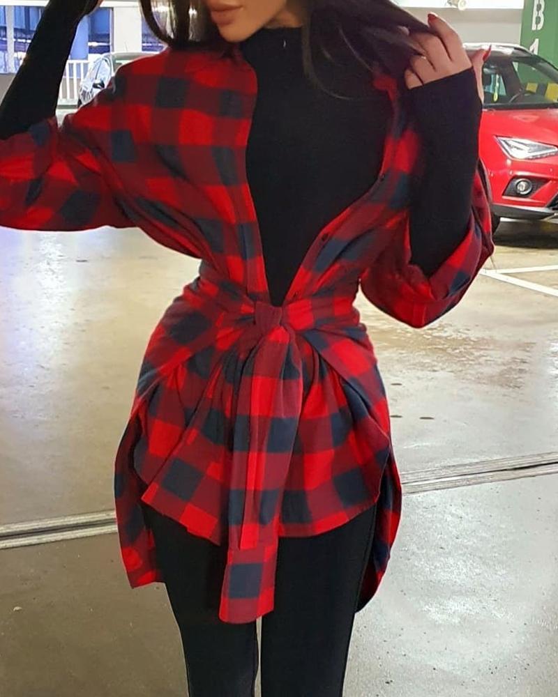 

Plaid Print Long Sleeve Irregular Shirt, Red