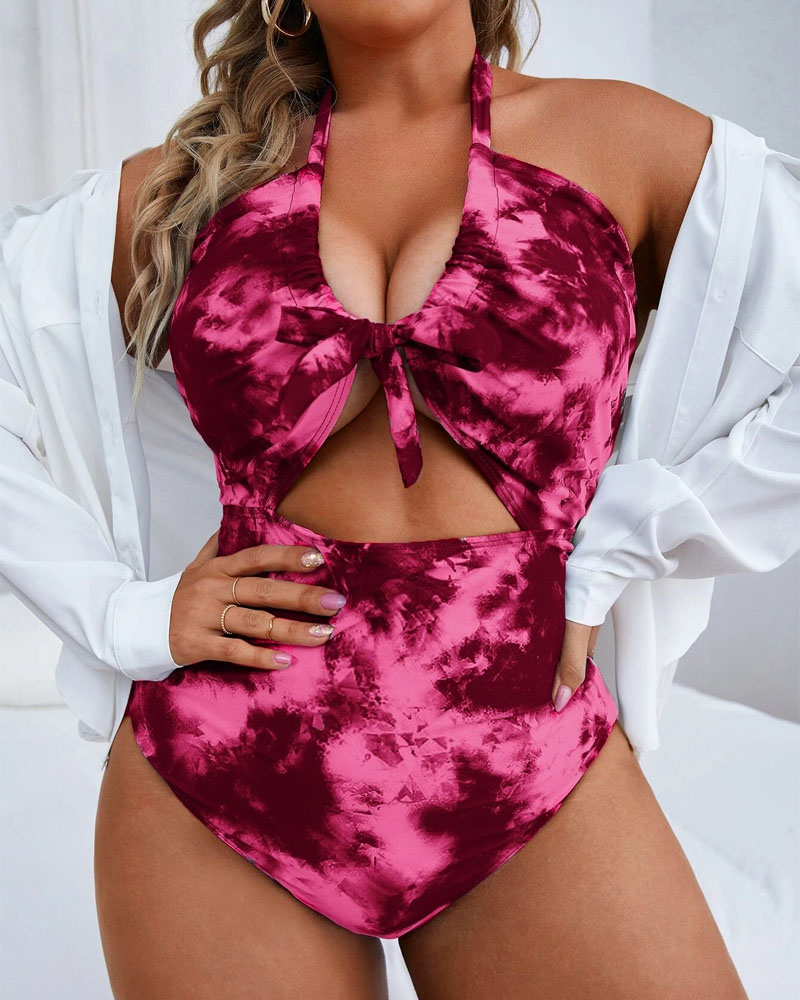 

Plus Size Tie Dye Print Cutout Halter One-Piece Swimsuit, Pink