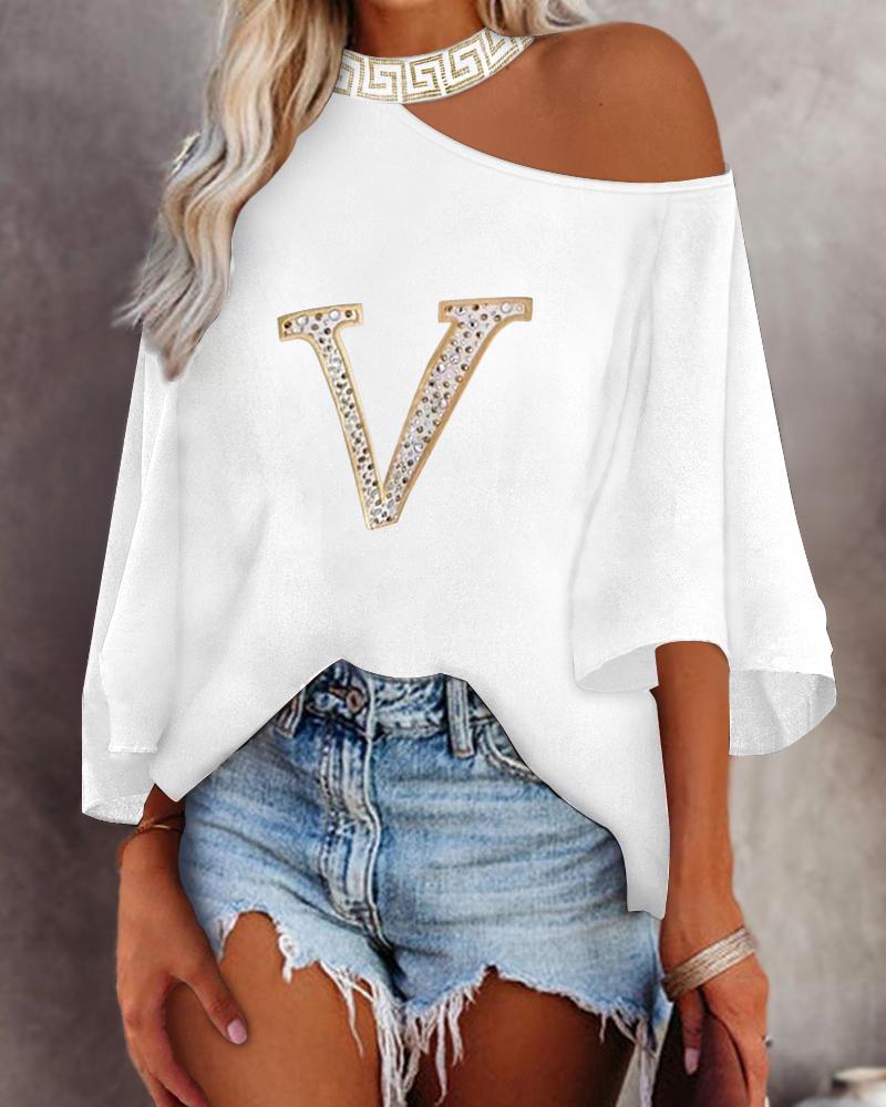 

Rhinestone Letter Embroidery Cold Shoulder Top, White