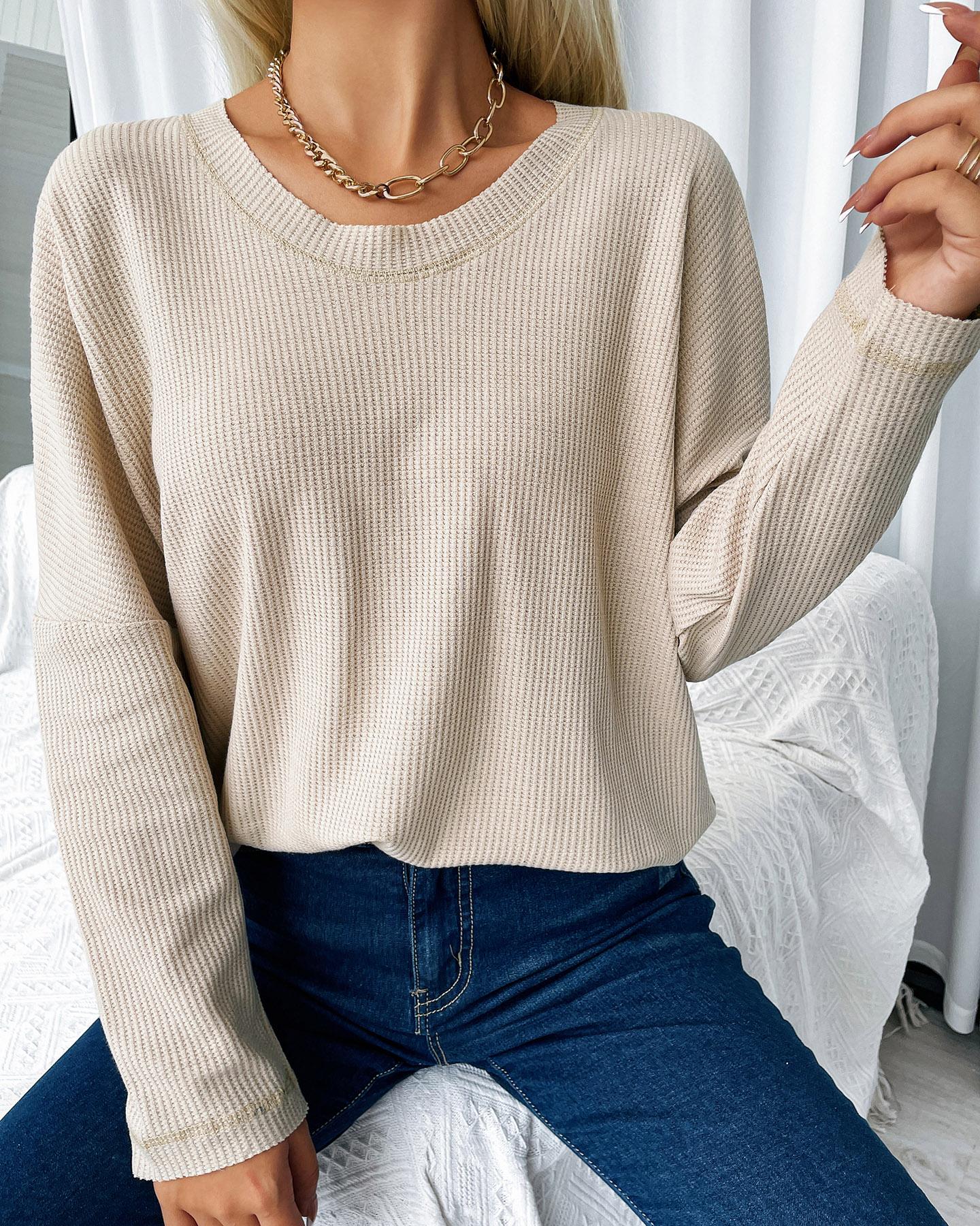 

Long Sleeve V Neck Casual Top, Khaki