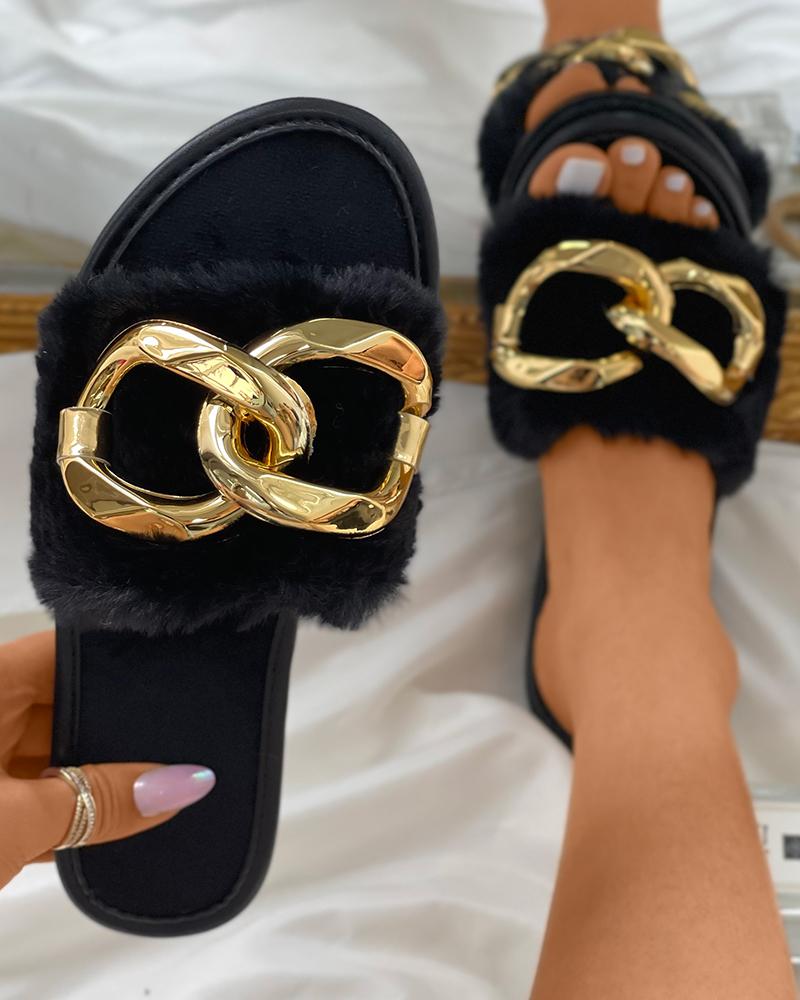 

Chain Decor Fluffy Slide Slippers, Black