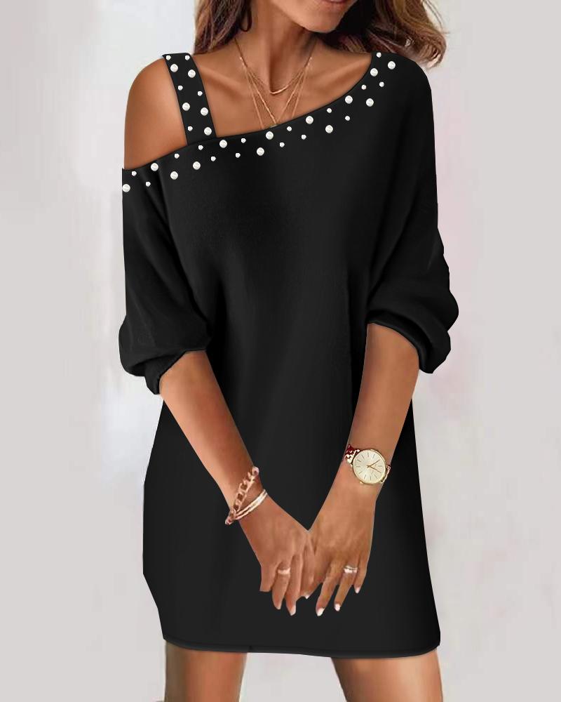 

Cold Shoulder Pearls Decor Casual Dress, Black