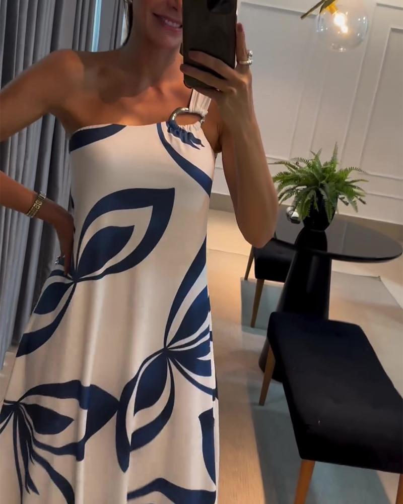 

Floral Print One Shoulder Maxi Dress, White