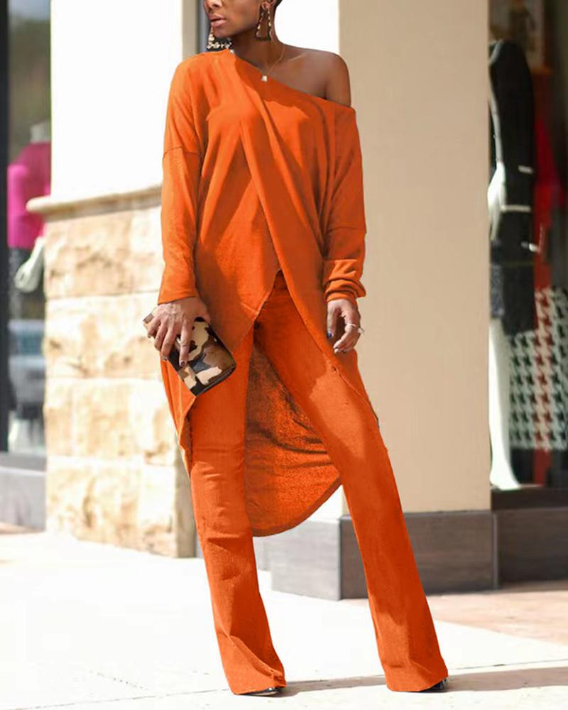 

Long Sleeve Asymmetrical Hem Top & Pants Set, Orange