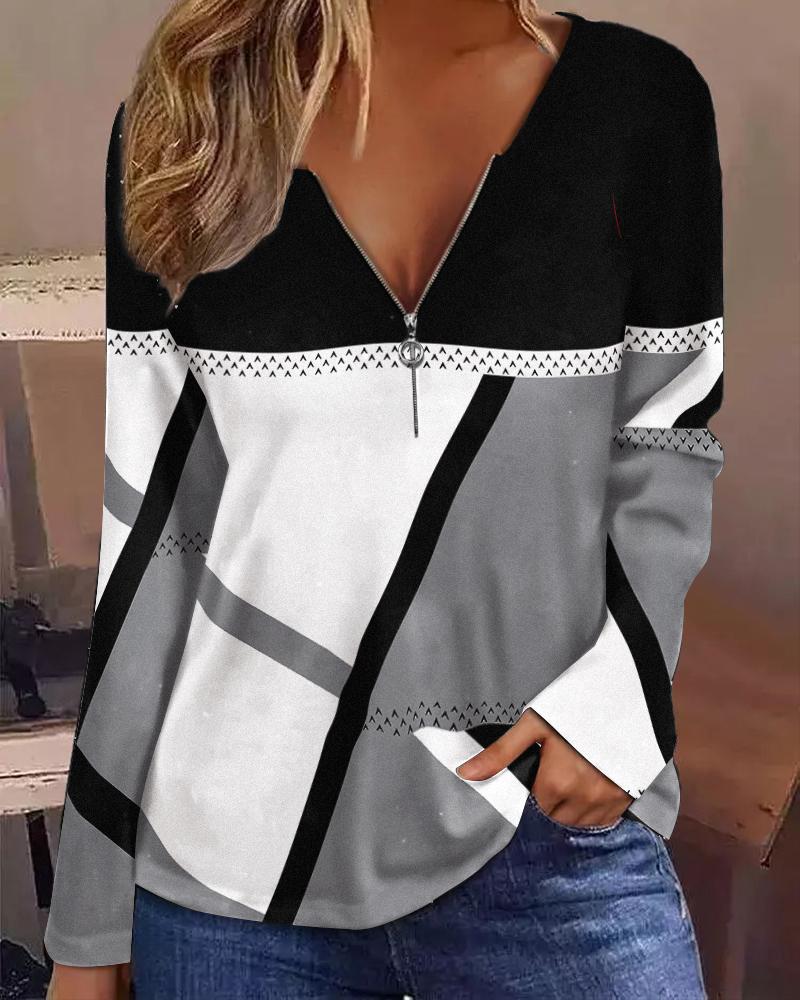 

Geometric Print Zip Front Long Sleeve Top, Gray