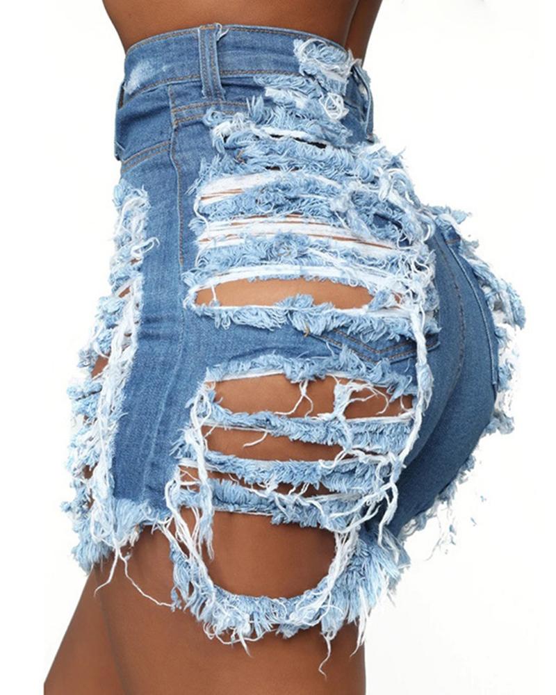 

Fringe Ripped High Waist Denim Shorts, Lighted blue