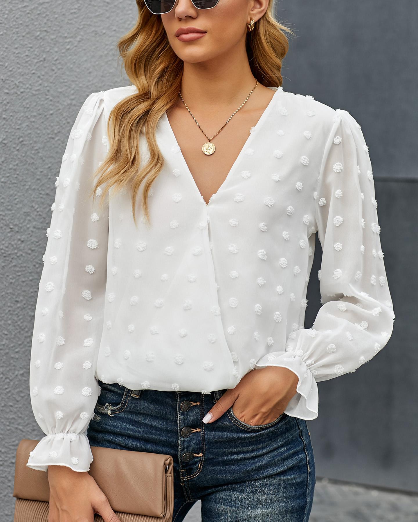 

Swiss Dot Plunge Sheer Mesh Women Blouse, White