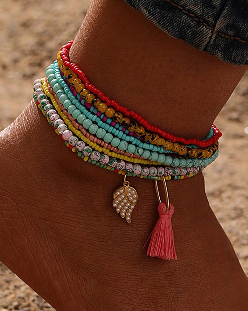 

9pcs Bohemian Colorblock Beaded Tassel Design Beach Anklets Set, Multicolor