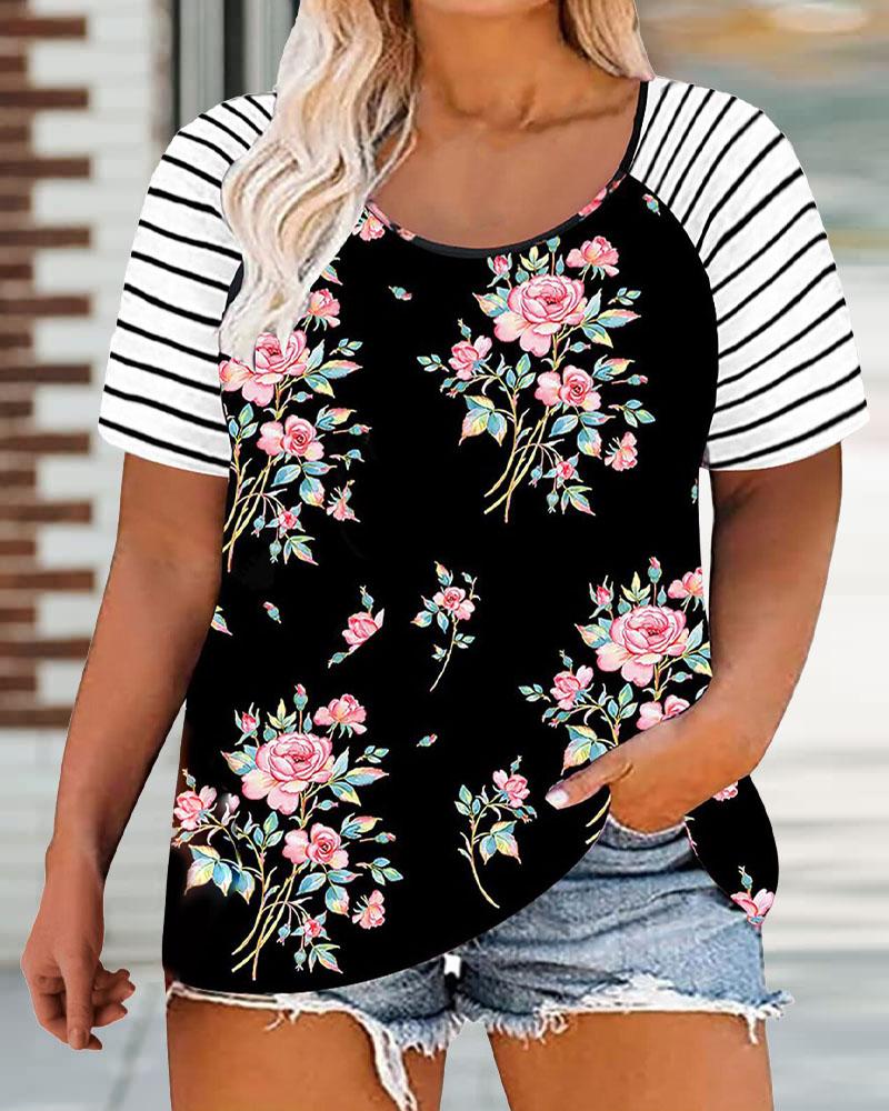 

Plus Size Floral Print Short Sleeve Casual T-shirt, Black