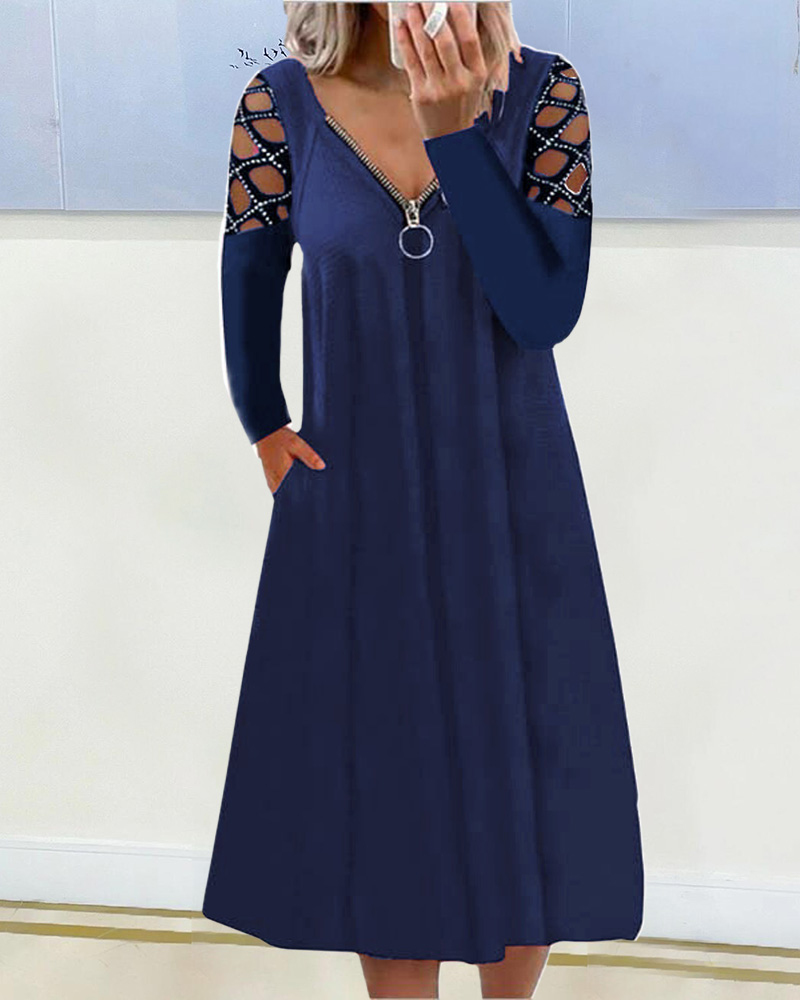 

Studded Hollow Out Long Sleeve Zipper Detail Casual Dress, Blue