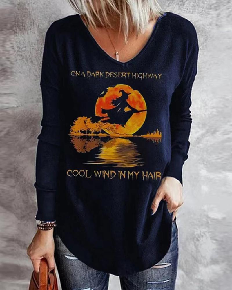 

Halloween Graphic Print Long Sleeve Top, Blue