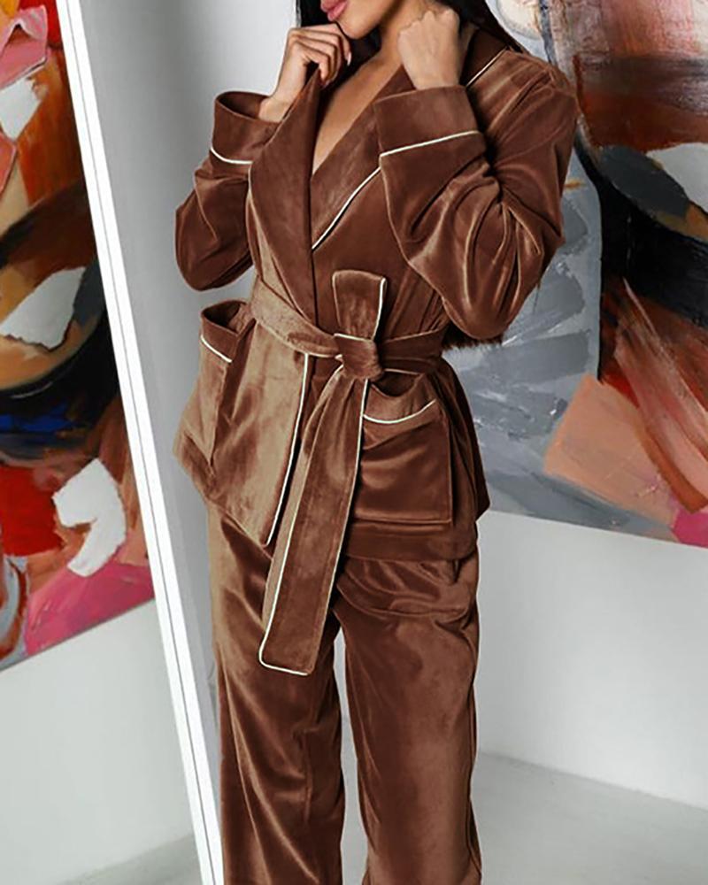 

Tied Detail Contrast Binding Velvet Pocket Design Pajamas Set, Brown