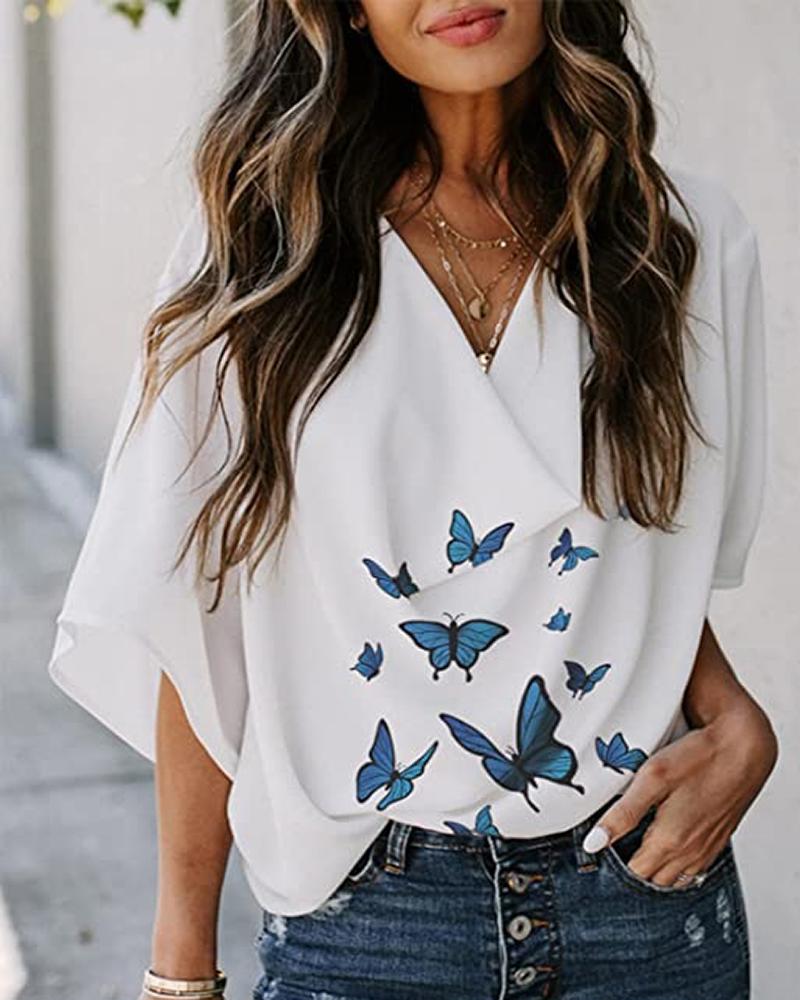 

Butterfly Print Half Sleeve Top, White