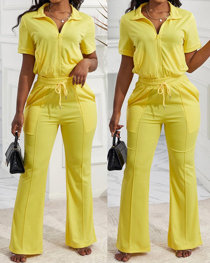 

Short Sleeve Zip Up Top & Drawstring Pants Set, Yellow