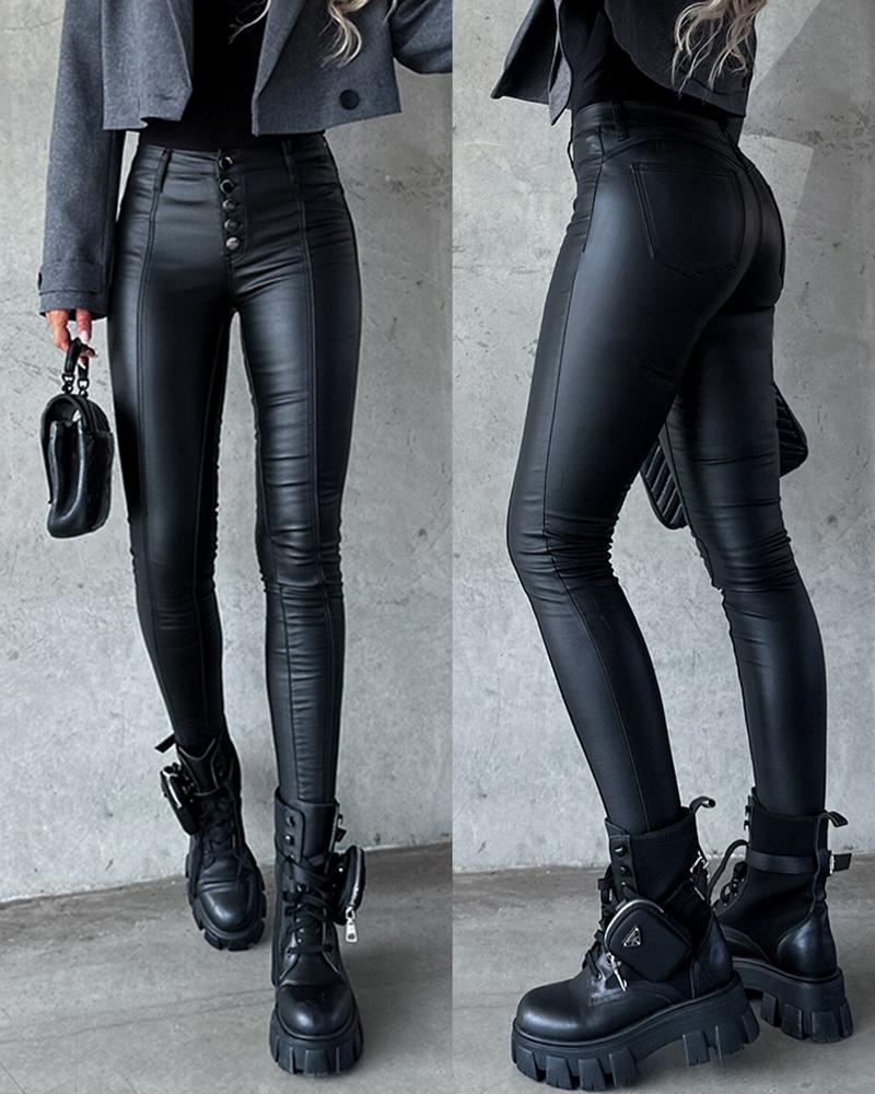 

High Waist PU Leather Skinny Pants, Black