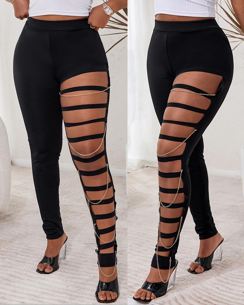 

Chain Decor Cutout Skinny Pants, Black