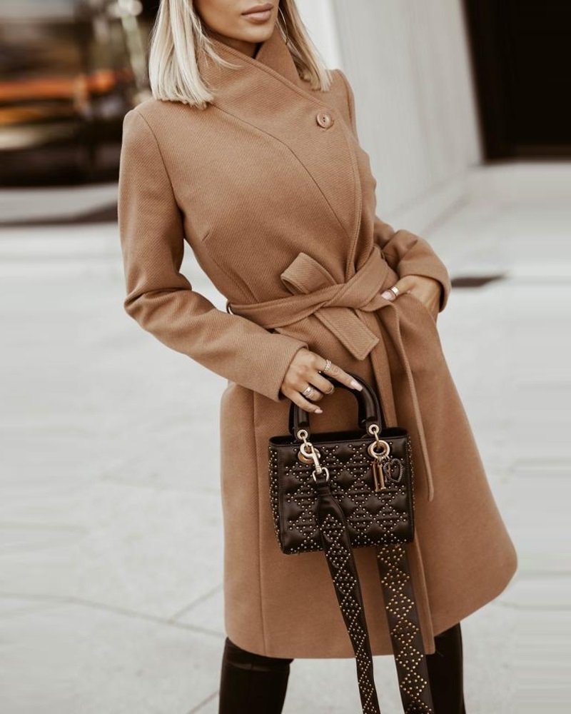 

Pocket Design Long Sleeve Belted Coat, Khaki