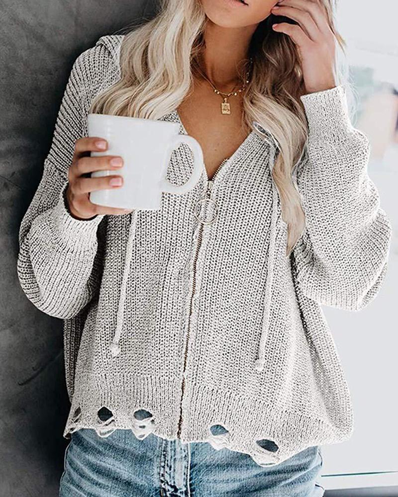 

Zipper Design Hooded Cutout Knit Coat, Gray
