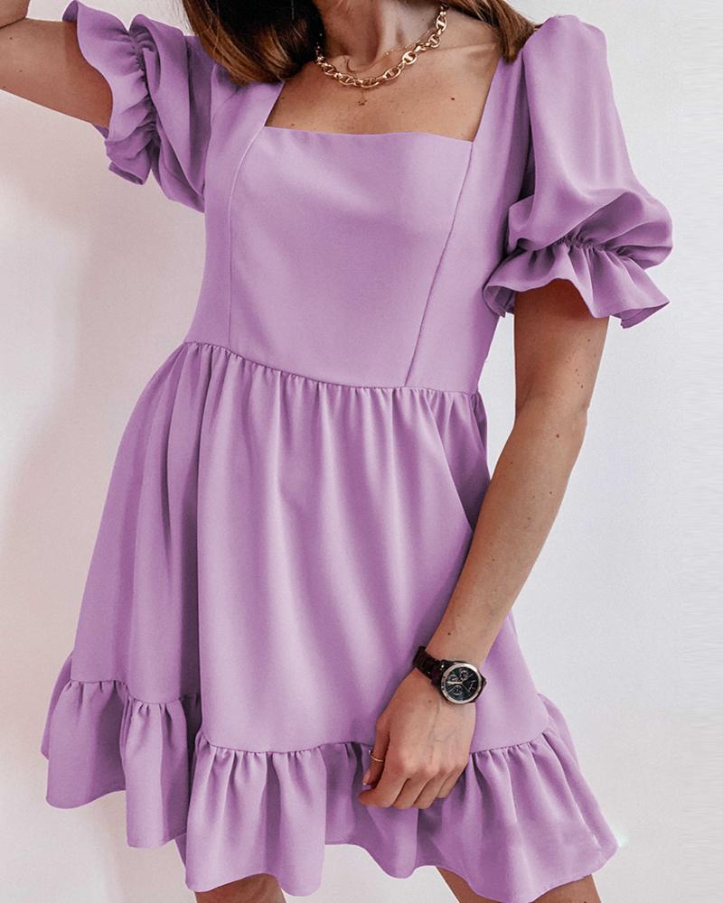 

Ruffle Hem Puff Sleeve Ruched Causal Dress, Purple