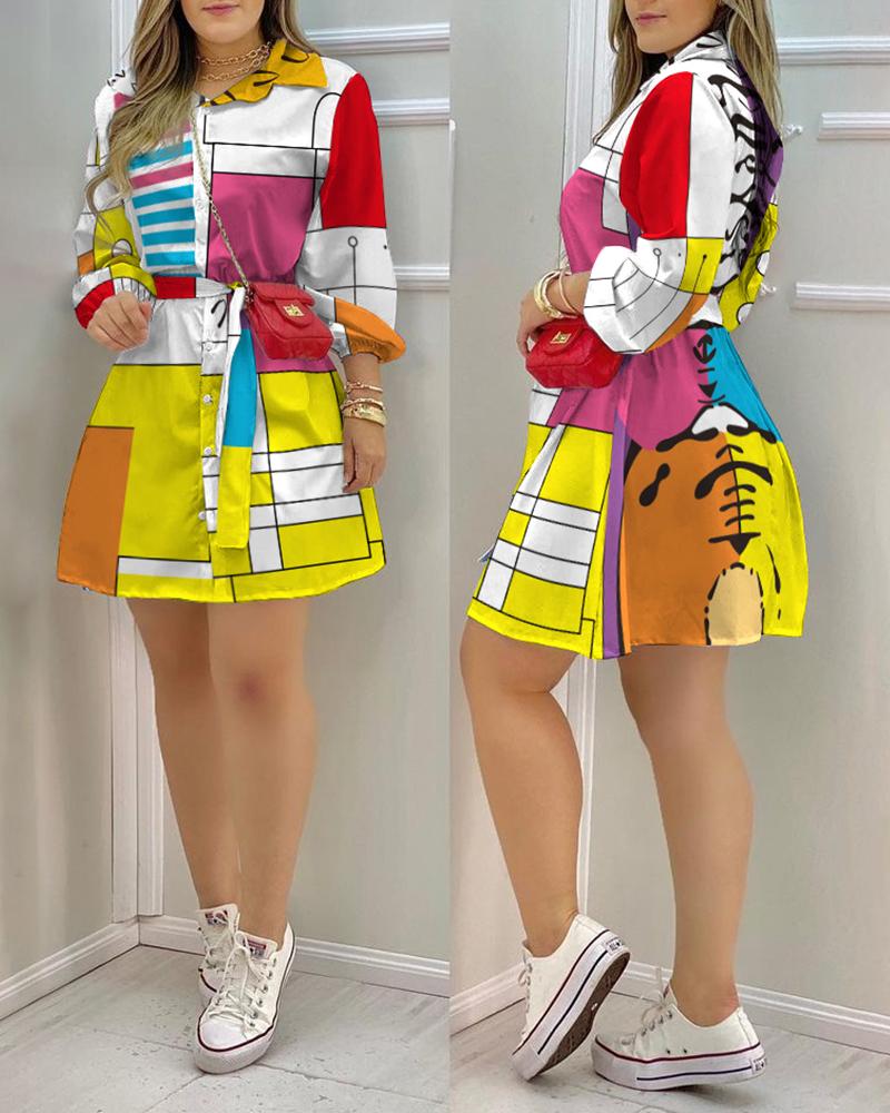 

All Over Print Print Lantern Sleeve Button Front Belted Shirt Dress, Multicolor