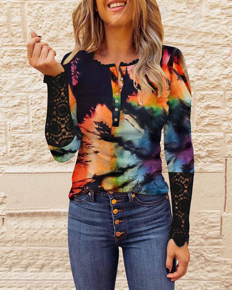 

Tie Dye Print Contrast Lace Long Sleeve Top, Multicolor