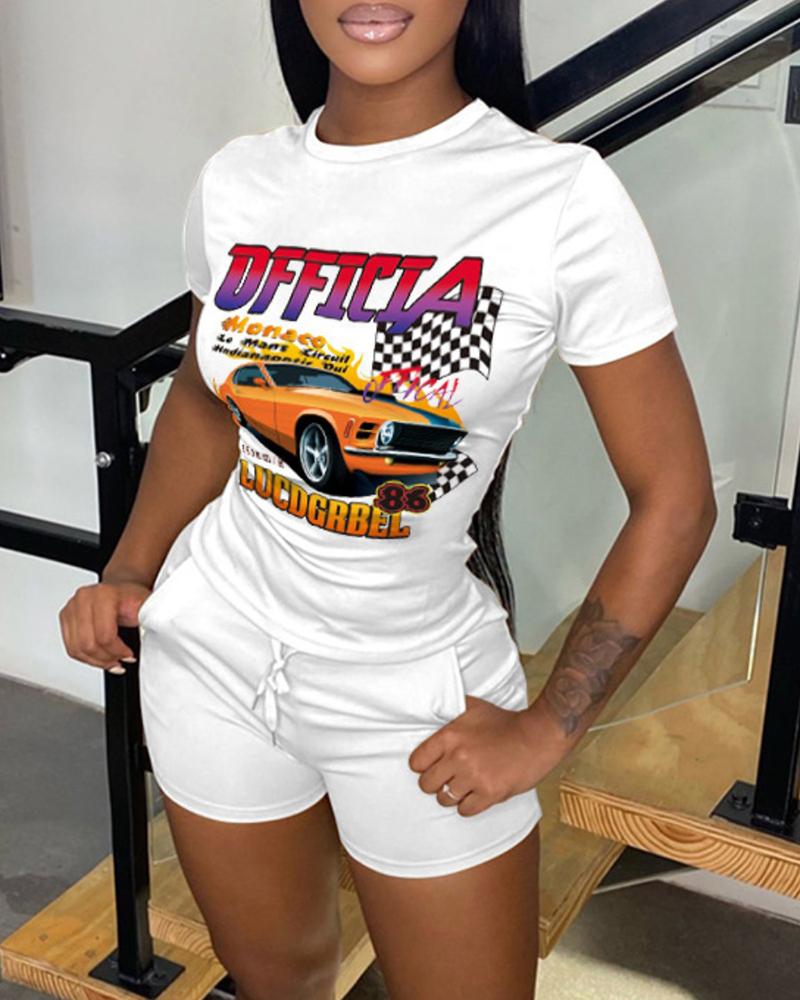 

O-Neck Letter Car Print T-shirt & Skinny Shorts Set, White