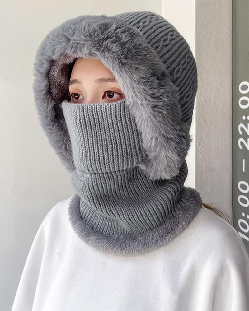 

Fuzzy Winter Warm Cable Knit One-Piece Mask Scarf Beanie Hat, Gray