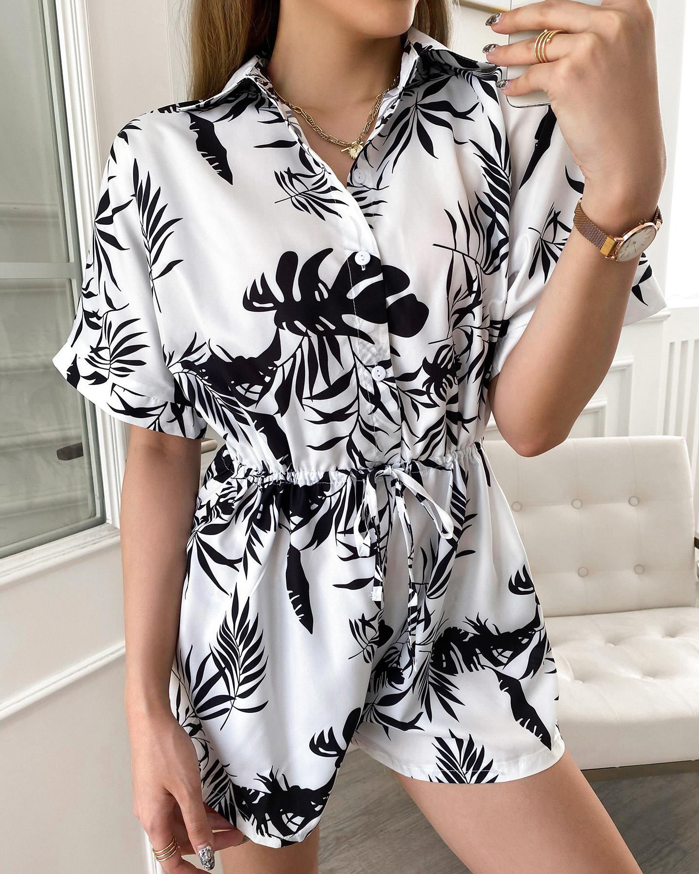 

Tropical Print Button Front Short Sleeve Romper, White