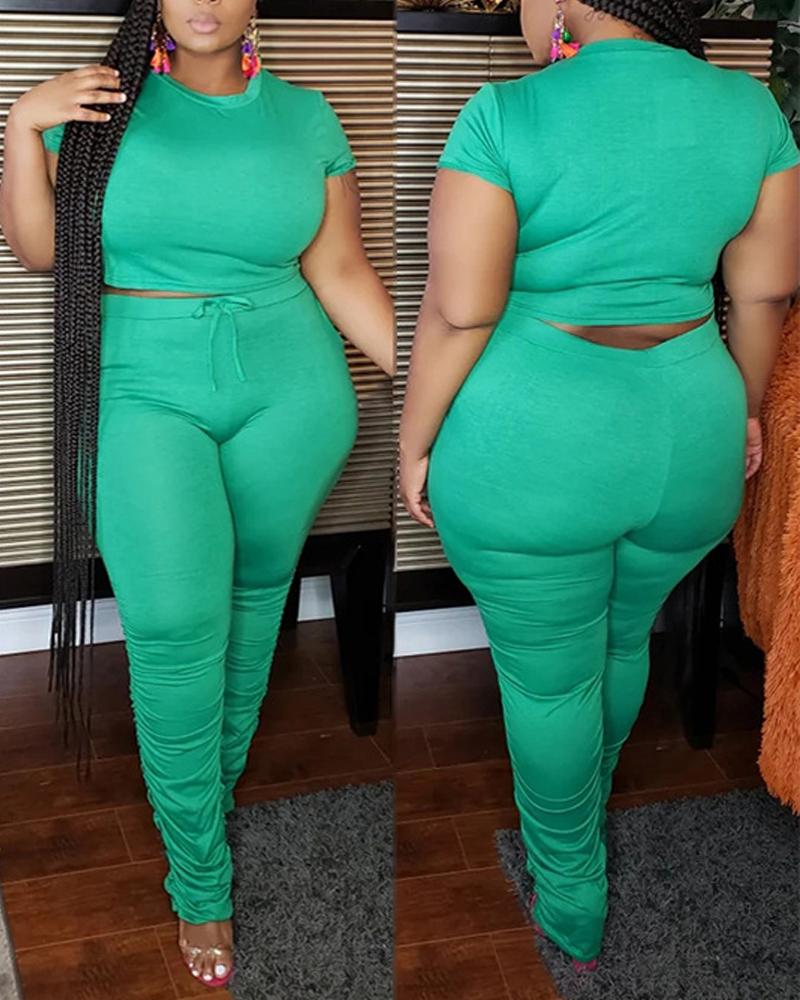 

Plus Size Plain Crop Top & Ruched Pants Set, Green