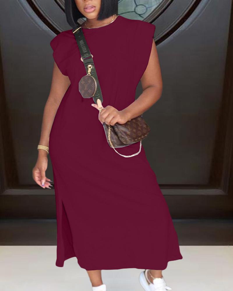 

Loose Round Neck Slit Plain Dress, Wine red