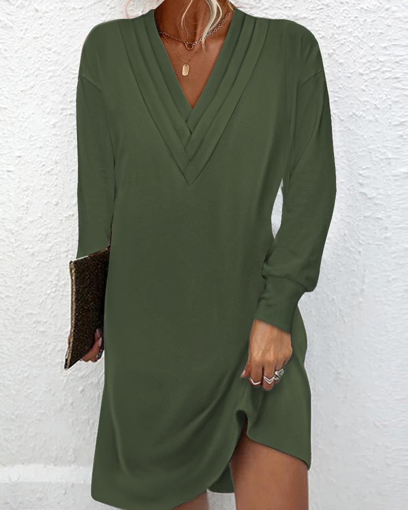 

V-Neck Long Sleeve Ruched Casual Dress, Army green